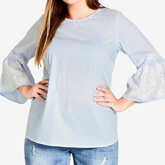 City Chic Tops - City Chic Trendy Plus Blue Striped Bell-Sleeve Top
